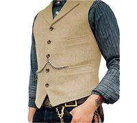 HSLS Chaleco de traje de negocios para hombre Chaleco de tweed de lana de solapa con muesca de ajuste regular para boda(M, champán)