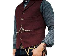 HSLS Chaleco de traje de negocios para hombre Chaleco de tweed de lana de solapa con muesca de ajuste regular para boda(L, borgoña)