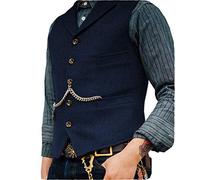 HSLS Chaleco de traje de negocios para hombre Chaleco de tweed de lana de solapa con muesca de ajuste regular para boda(M, Armada)