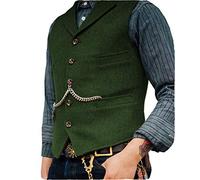 HSLS Chaleco de traje de negocios para hombre Chaleco de tweed de lana de solapa con muesca de ajuste regular para boda(L, Verde)
