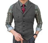 HSLS Chaleco de traje de tweed para hombre con solapa de muesca en espiga Chaleco casual de lana retro Slim Fit(M, Gris)