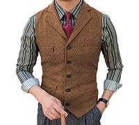 HSLS Chaleco de traje de tweed para hombre con solapa de muesca en espiga Chaleco casual de lana retro Slim Fit(XL, marrón)