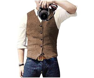 HSLS Chaleco de traje para hombre, ajustado, de lana, con cuello en V, para padrinos de boda, marrón, M