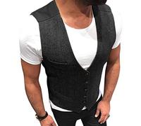 HSLS Chaleco de trajes de espiga de tweed de lana para hombre Chaleco de padrino de boda informal ajustado para hombres(L, Negro)