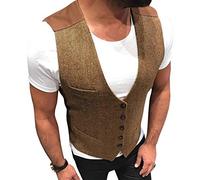 HSLS Chaleco de trajes de espiga de tweed de lana para hombre Chaleco de padrino de boda informal ajustado para hombres(L, marrón)