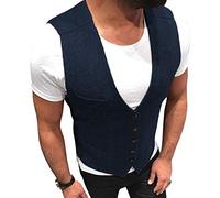 HSLS Chaleco de trajes de espiga de tweed de lana para hombre Chaleco de padrino de boda informal ajustado para hombres(L, Armada)