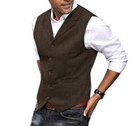 HSLS Chaleco para hombre Chaleco de traje de tweed de lana suave informal Chaleco de espiga para padrino de boda Mejor hombre(M, café)