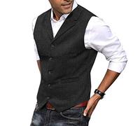 HSLS Chaleco para hombre Chaleco de traje de tweed de lana suave informal Chaleco de espiga para padrino de boda Mejor hombre(L, Negro)