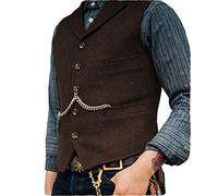 HSLS Chaleco para hombre Chaleco de traje de tweed de lana suave informal Chaleco de espiga para padrino de boda Mejor hombre(L, café)