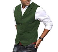 HSLS Chaleco para hombre Chaleco de traje de tweed de lana suave informal Chaleco de espiga para padrino de boda Mejor hombre(S, Verde)