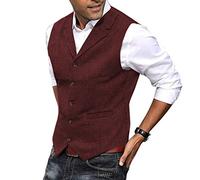 HSLS Chaleco para hombre Chaleco de traje de tweed de lana suave informal Chaleco de espiga para padrino de boda Mejor hombre(L, borgoña)