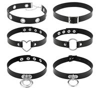 Hsrag Juego de gargantillas de cuero de estilo gótico, material de poliuretano negro, paquete de 6 piezas con junta tórica y diseños de corazón, colección de collares punk ajustables