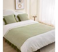 HSTANGKY Hotel Corredor De Cama Camino De Cama Toalla De Cabecera Moderna con Borlas Colgantes Decoración para Ropa De Cama De Punto A Rayas De Color Liso-Green||90X230cm for 1.8m Bed