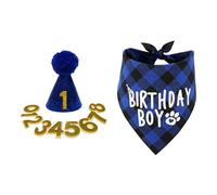 Hsthe Sea Suministros de Feliz cumpleaños para Mascotas con 8 Gorros con números Brillantes, Bandana a Cuadros para Perros pequeños, medianos y Grandes (Azul)