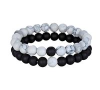 HstiaLving 2 Pieces Natural Stones Bracelet, Black White Stone Adjustable Elastic Lucky Couple Gift Bracelets Matte Black Agate & White Howlite 8mm Bracelet Beads for Boyfriend and Girlfriend Couples