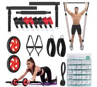 HSYFUNA 8 Gomas Elasticas Musculación (20/30/40/50lbs) con Barra de Pilates, Ruedas Abdominales, Anclaje para Puerta, Correas para Tobillos, Mango, Kit Pilates para Fitness en Casa, Gym