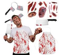 HSYWSH 6PCS Disfraz de carnicero de Halloween disfraz de carnicero para hombre con delantal sangriento, diadema de cuchillo sangriento, disfraz de carnicer de terror para carnaval (Multicolor 1)