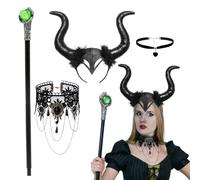HSYWSH Diadema de Cuerno Negro Halloween Cuernos de Demonio, Cuernos de Diablo con Collar, Con una varita Accesorios de Cosplay para Mujeres Cosplay Carnaval Halloween (Negro A)