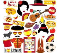 Htabiol Accesorios para fotomatón de España, 37 Piezas de decoración de Fiesta española, Rojo, Amarillo, Cultura española de Dibujos Animados, cartulina, Accesorios de Cabina de Fotos de Fiesta