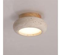 HTERWQEA Japanese Style Natural Stone Ceiling Light Yellow Travertine and Walnut Wood Shade 5.9 Inch LED Close to Ceiling Lighting for Bedroom Hallway Kitchen