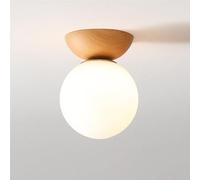 HTERWQEA Modern Walnut Ceiling Light Indoor Bedroom Semi Flush Mount Ceiling Lights with Milk White Glass Shade Fixture Small E14 Indoor Wooden Close to Ceiling Lights for Hallway