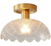 HTERWQEA Nordic Flush Mount Ceiling Light E14 1-Light Brass Ceiling Lamp with Glass Shade Close to Ceiling Pendant Light Fixture for Kitchen Entryway Corridor Loft