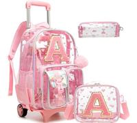 HTgroce Mochila con Ruedas Niña Inicial A Transparente - Carrito Escolar Desmontable 2 en 1 - Set 3 Piezas con Bolsa de Almuerzo y Estuche - Mochila Primaria Ergonómica para Colegio y Viaje
