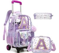 HTgroce Mochila con Ruedas Niña Inicial A Transparente - Carrito Escolar Desmontable 2 en 1 - Set 3 Piezas con Bolsa de Almuerzo y Estuche - Mochila Primaria Ergonómica para Colegio y Viaje