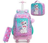 HTgroce Mochila con Ruedas Niña - Set 3 en 1 con Estuche y Bolsa de Almuerzo - Carrito Escolar Ergonómico para Primaria - Trolley Infantil para Colegio y Viaje