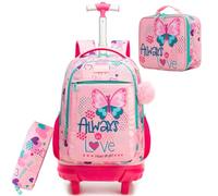 HTgroce Mochila con Ruedas Niña - Set 3 en 1 con Estuche y Bolsa de Almuerzo - Carrito Escolar Ergonómico para Primaria - Trolley Infantil para Colegio y Viaje