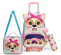 HTgroce Mochila con Ruedas para Niña Diseño Perrito - Trolley Escolar con Cachorro Lindo y Huellas, Set 3 en 1 con Portameriendas y Estuche, Mochila Primaria para Filles 6-9 Años