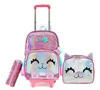 HTgroce - Mochila con ruedas para niña, mochila y funda para lápices, ideal para niños que van a la escuela y viajan, Rosa Gatos, 42 x 30 x 20 cm, 25.2L, joven