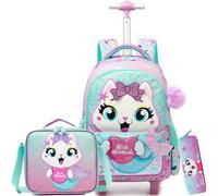 HTgroce Mochila Escolar con Ruedas Adecuado para Niñas de 6 Años Gato Escolar con Ruedas