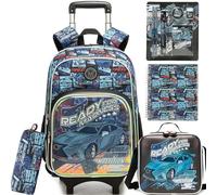 HTgroce Set 5 Piezas Mochila con Ruedas Niño Coche de Carreras - Trolley Escolar Desmontable 2 en 1 para Primaria - Incluye Diario Íntimo y Material Escola