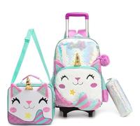 HTgroce Trolley Escolar Niña Gato Mochila con Ruedas 3 en 1 (Mochila + Portameriendas + Estuche). Carro Extraíble