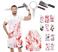 HTGWCG Delantal De Sangre De Halloween, Disfraz de Carnicero de Halloween Delantal Sangriento Viene con Diadema, Machete y Pegatinas, Decoración de Fiestas For Adulto y Adolescente