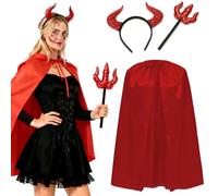 HTGWCG Disfraz de Diablo para Mujer, Tatuaje Cara Temporales, Capa Con Tridente, Diadema de Diablo de Halloween, Juego para Carnaval y Mascarada, Estilo Vampiro