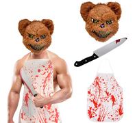 HTGWCG Halloween Oso del Terror Marrón Disfraces, 3 Piezas Scary MáScara Realista Hacha Sangrienta, Delantal, para Halloween Carnaval Fiesta de Disfraces Cosplay