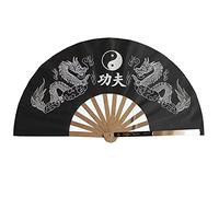 HTian Acero Inoxidable Kung Fu Gran Ventilador de Mano Plegable, patrón de Dragones Doble Tai Chi Pandheld Fan for Martial Arts Dance, 65 cm de Largo