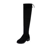 HTNEDNST Botas por encima de la rodilla para mujer, tacón bloque, botas de entretiempo, plegables, con aspecto de ante, botas occidentales, botas de tacón alto, botas hasta la rodilla, botas retro