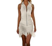 HTNEDNST Disfraz de carnaval para mujer, vestido de vaquera, cuello en V, vestido de tanque, hippie, boho, vaquero, sexy, vestido de estilo occidental, con flecos, minivestido de flecos, vestido de