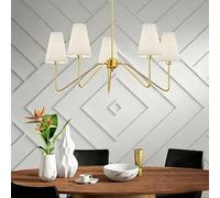 HTsilphelene Moderna lámpara de salón lineal suspensión luminaria para isla de cocina con pantalla de tela blanca, suspensión regulable en altura para sala de estar dormitorio pasillo(dorado 5 heads)