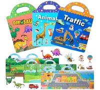 HTTDSLF 3 pegatinas infantiles para pegar despega, pegatinas para niños, libros adhesivos, dinosaurios, animales, vehículos, vinilo, dibujos animados, superficies lisas, multicolor