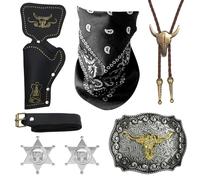 HTTDSLF Accesorios para Disfraz de Vaquero del Oeste, Kit de Atuendo Cowboy - Bandana|Pistolera|Cinturón|Insignia de Sheriff|Collar|Hebilla de Bolo, para Fiestas de Disfraces Hippie Disc Carnaval