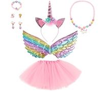HTTDSLF Disfraz de Unicornio Princesa Niña, Rosa, Talla Única, 2 - 8 Años, Múltiples Ocasiones, Juego Completo de Accesorios, Diseño Único, Alas de Unicornio de Colores del Arco Iris