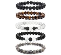 HTTDSLF Original Pulsera Hombre de Piedras Naturales 8 mm Pulseras Cuentas de Lava de Ojo de Tigre Elásticas Ajustables para Mujeres y Hombres, Regalo para Padre Novio Hermano, 5 piezas