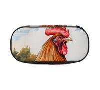 HTTUP Estuche unisex con cremallera para guardar maquillaje con diseño de gallo sobre madera en tierras de cultivo, elegante, único, de gran capacidad, para oficina, viajes, maquillaje