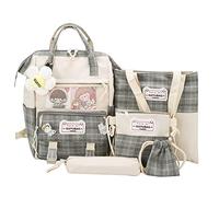 HTU Kawaii 5pcs/Set Canvas Backpacks Lovely Teenager Girls Preppy Style Plaid Rucksack Trendy Travel Daypack (Black)
