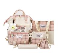 HTU Kawaii 5pcs/Set Canvas Backpacks Stylish Teenager Girls Preppy Style Plaid Rucksack Trendy Travel Daypack (Pink)