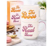 HTUK Juego de 2 tazas apilables de porcelana fina para él y ella Boss & Real Boss, juego de 2 tazas de café de porcelana fina | Tazas apilables para café, té y bebidas calientes | Práctico regalo para